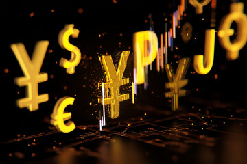 Abstract 3D render of golden currency symbols (USD, EUR, GBP, JPY) floating above glowing candlestick chart, futuristic digital background, concept of forex trading and global finance