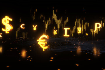Abstract 3D render of golden currency symbols (USD, EUR, GBP, JPY) floating above glowing candlestick chart, futuristic digital background, concept of forex trading and global finance