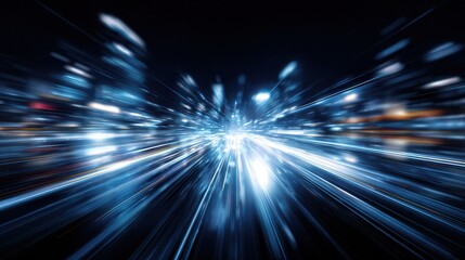Obraz premium A dynamic, abstract image showcasing streaks of blue light against a dark background, suggesting movement and energy in a futuristic setting.