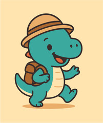 Cartoon Dinosaur Explorer Ready for Adventure with Backpack and Safari Hat Illustration