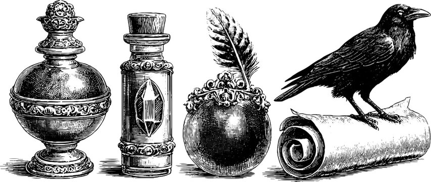 Alchemy secrets in vintage engraving style featuring bottles, quill, and raven for design projects