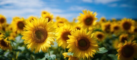 Obraz premium A vibrant field of sunflowers blooms under a clear blue sky, showcasing their bright yellow petals and rich brown centers.