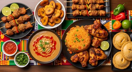 Delicious west african cuisine featuring jollof rice, meat pies, and plantain dishes displayed nicely