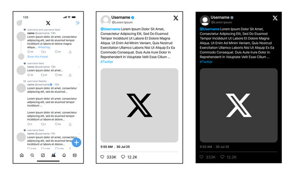 X (Twitter) post and feed UI mockup template with home timeline design in light mode and dark mode for mobile app interface.