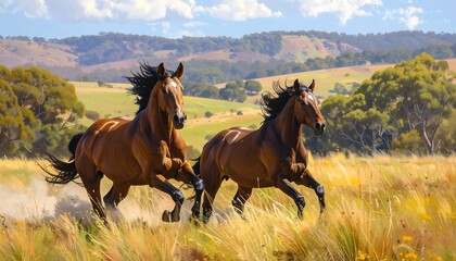 Two magnificent horses gallop across a golden field, their manes flowing freely in the sunny landscape.