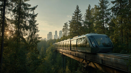 Naklejka premium A futuristic train traveling through a lush forest with a city skyline in the background view