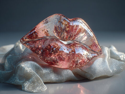 Glass Lips Sculpture on Dark Fabric. A surreal blown-glass art piece for creative design, fashion, or beauty campaigns.
