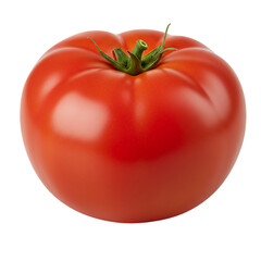 Large, round, and glossy red beefsteak tomato with a small green stem, isolated on a stark black backdrop