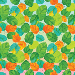 Obraz premium Vibrant foliage pattern illustration featuring green, orange, and turquoise leaves, seamless pattern, royalty stock.