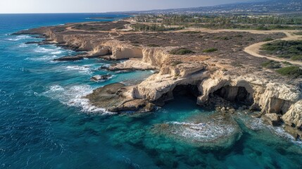 A stunning aerial view of a rugged coastline featuring cliffs, clear blue waters, and lush greenery, offering a picturesque landscape.