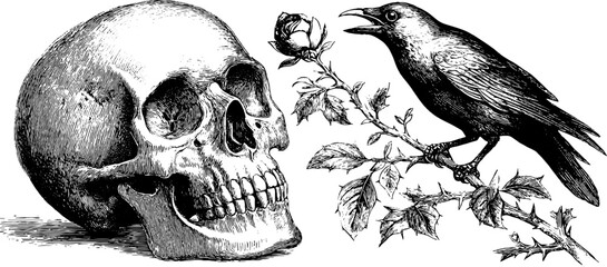 Fototapeta premium Gothic mystic vintage engraving of skull and raven in classic style