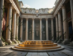 Grand ancient courtyard with golden circular stage and imposing columns bathed in sunlight.