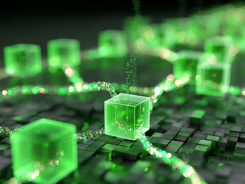 Abstract green blocks connected by glowing threads in digital space.