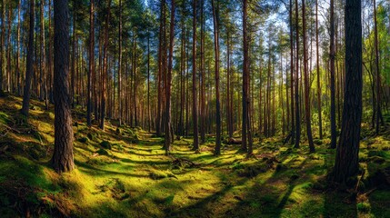 Obraz premium A vibrant forest scene with tall trees, sunlight streaming through the branches, and lush green moss covering the ground.