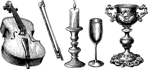 Vintage night music scene engraving with violin and candlelight for artistic design