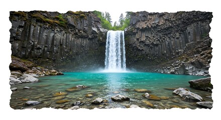 Majestic Waterfall Cascades into Turquoise Pool Amidst Basalt Columns and Lush Greenery