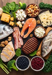 Selection of protein rich foods including meat fish nuts and beans on a dark surface
