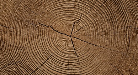 Naklejka premium Close-up of tree rings showing growth patterns and age, with cracks radiating from the center.