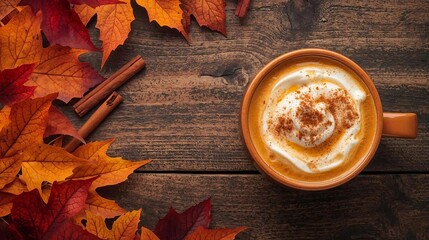 A top-down photo of a pumpkin spice latte on a rustic wooden table, decorated with autumn leaves. A classic, warm, and cozy fall-themed coffee break scene with ample copy space