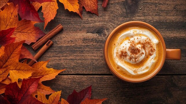 A top-down photo of a pumpkin spice latte on a rustic wooden table, decorated with autumn leaves. A classic, warm, and cozy fall-themed coffee break scene with ample copy space - Powered by Adobe