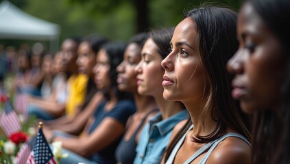 A diverse group of solemn women pays their respects at an outdoor memorial service or patriotic ceremony, with small American flags.