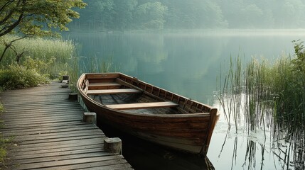 Fototapeta premium Serene Lake Boat, Dock, Morning Mist - Tranquil Scenery