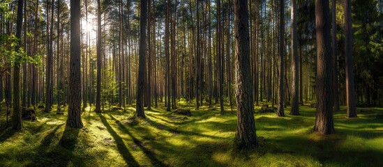 A serene forest scene with tall trees casting long shadows, illuminated by soft sunlight filtering through the foliage.