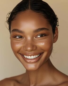 Beauty shot of a smiling woman with flawless, dewy skin, subtle shimmer on cheekbones and cupid&rsquo;s bow, slicked-back hair, soft neutral background, hyper-detailed and radiant.
