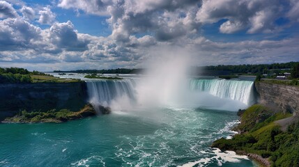 A stunning view of a waterfall cascading into turquoise waters, surrounded by lush greenery and dramatic cloud formations.