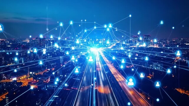 Digital cityscape network connecting citizens through tech innovation and advanced highways