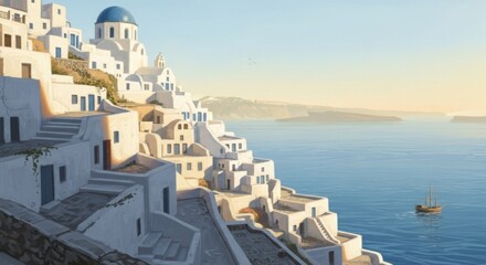 Fototapeta premium Santorini Village with White Buildings and Blue Dome Overlooking Sea at Sunset