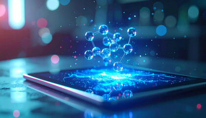 Digital Molecule Visualization: A cutting-edge digital representation of molecular structures emerges from the screen of a tablet, representing the future of scientific discovery and innovation.