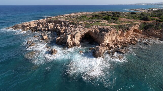 A coastal landscape featuring rocky cliffs, waves crashing against the shore, and a clear blue sky.