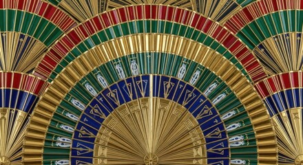 Intricate golden fan pattern with concentric arcs in vibrant red, green, and blue, evoking an Art Deco aesthetic.