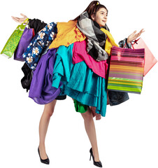 Cheerful woman with excessive clothes and shopping bags isolated on transparent. Concept of playful...
