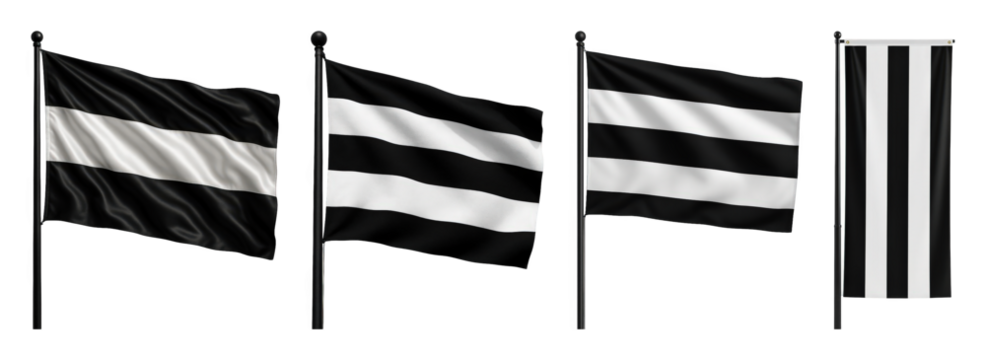 Black and white striped flag set including single, double, triple horizontal stripes and a vertical banner isolated. Abstract design and event promotion.