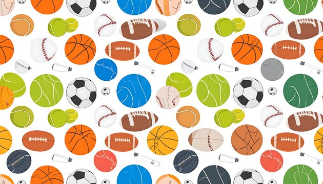 Colorful sports ball pattern repeats across a white background, showcasing various types of balls.