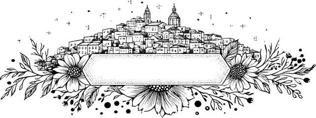 Obraz premium Vintage engraving style banner with cityscape and floral elements for design projects