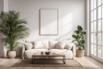 Fototapeta premium Scandinavian style minimalist living room with cozy neutral sofa small modern coffee table large potted plant blank poster mockup frame on white wall