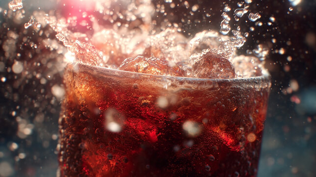 A glass of soda with ice cubes in it - Powered by Adobe