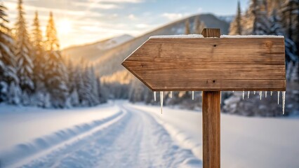 Weathered wooden arrow sign in snowy forest wooden sign
