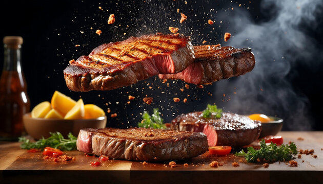 Grilled steak slices with herbs and vegetables burst mid-air with smoke and sparks, highlighting juicy texture for advertising, social media, or food design projects.