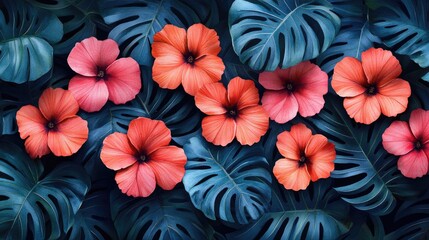 Tropical flowers and leaves; vibrant coral hibiscus blossoms on dark teal monstera leaves; overhead view; background for graphic design