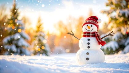Fototapeta premium Snowman in snowy forest at sunset