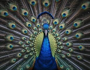 Obraz premium Majestic peacock displays vibrant iridescent feathers in a full fanned tail.