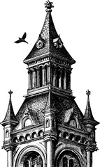 Obraz premium Vintage hand drawn bell tower engraving for architectural design