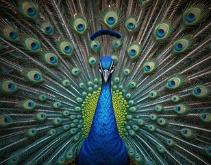 Obraz premium Majestic peacock displays vibrant iridescent feathers in full bloom, showcasing its stunning natural beauty.