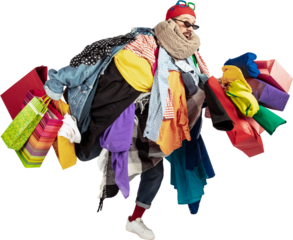Man carrying excessive shopping bags and clothes laughing in chaos on transparent background. Concept of shopping addiction, overspending humor, consumer culture, and lifestyle parody.