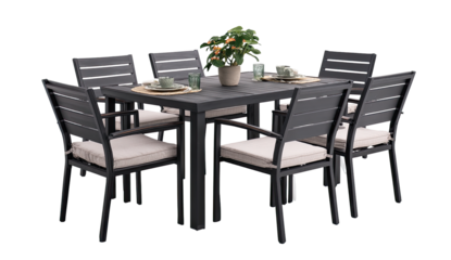 Gray outdoor dining set with beige cushions.  A square table and six matching chairs with slatted backs and arms.  A small potted plant sits on the table