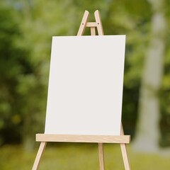 White blank board standing on wooden easel mockup. Artistic canvas with copy space for announcement marketing advertisement. Outdoors green nature background. Lush trees leaves environment.